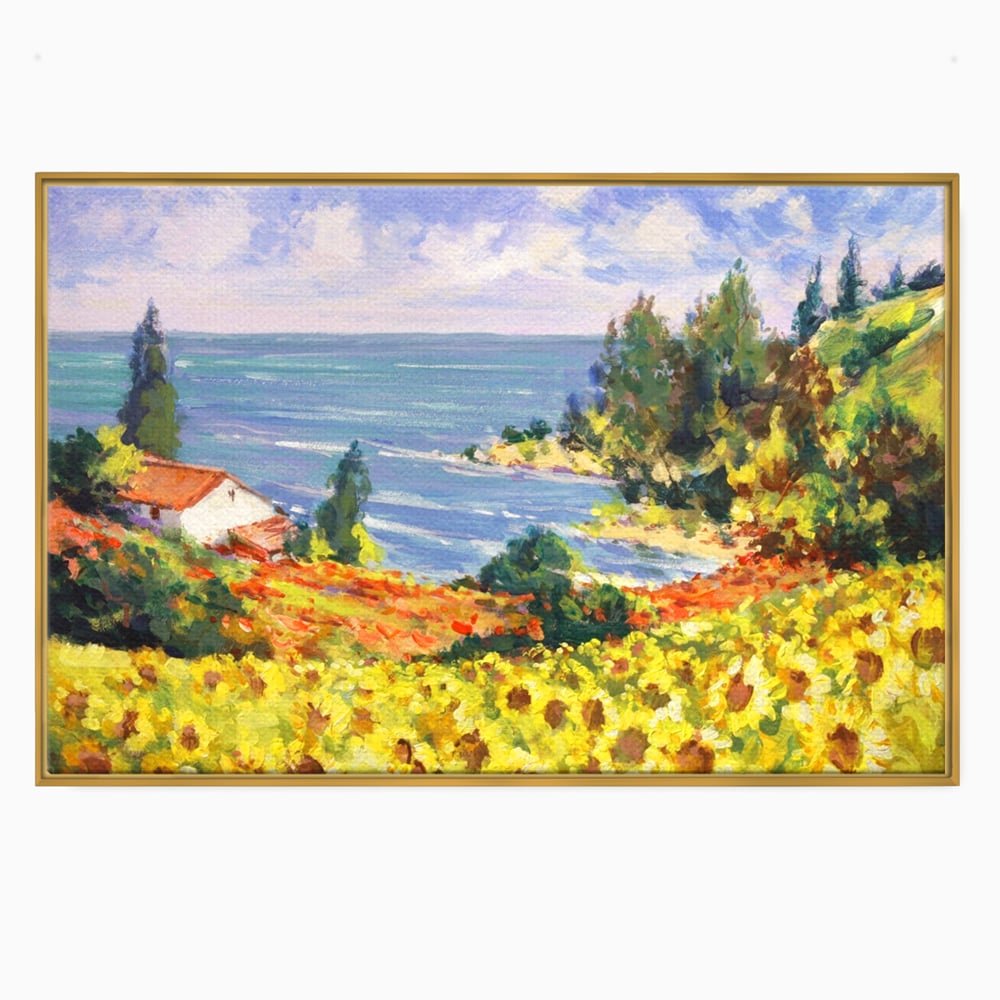 Tablou canvas cu pictura camp cu floarea soarelui si mare, in rama de aluminiu auriu